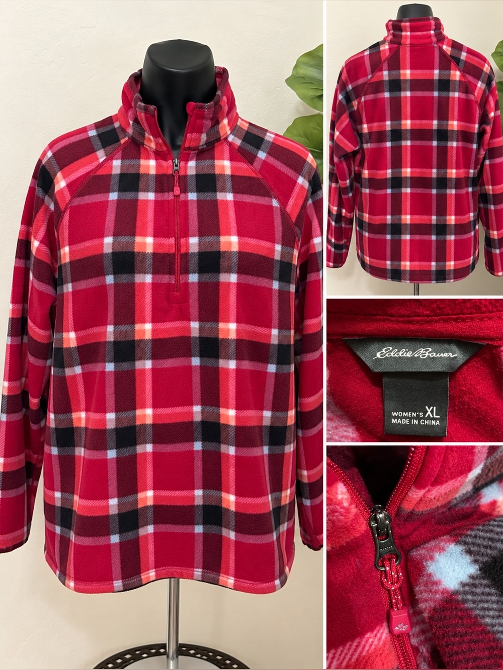 Eddie Bauer Red Black Plaid Fleece Quarter-Zip Pullover